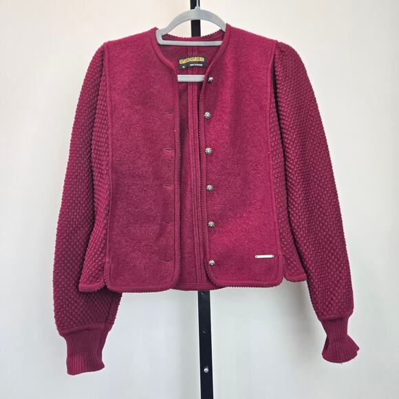 Geiger Austria Pure New Wool Button Front Blazer Lady Jacket Cardigan Knit Berry - Picture 1 of 9